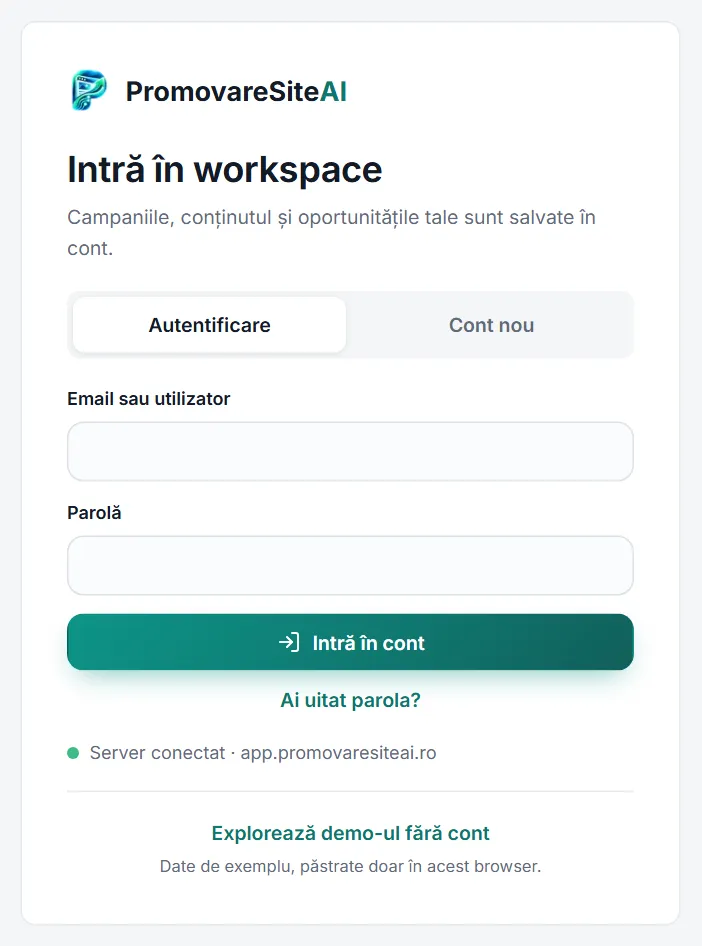 Pagina de autentificare: titlul „Intră în workspace”, filele Autentificare și Cont nou, câmpurile pentru email și parolă și linkul „Explorează demo-ul fără cont”.