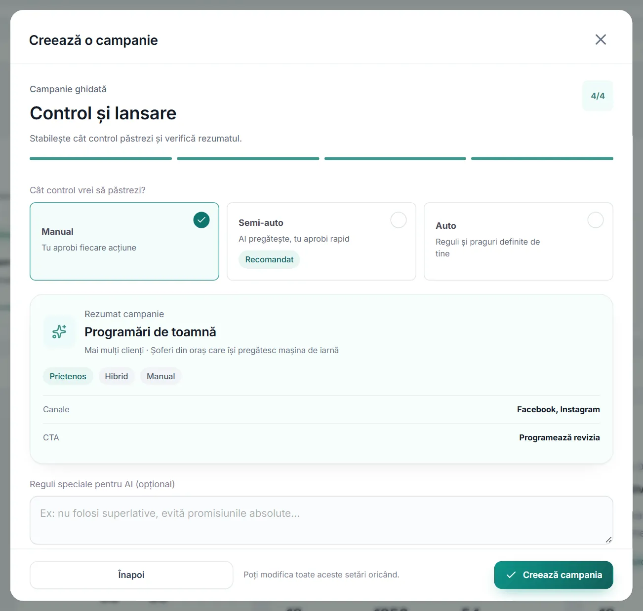 Pasul 4 din 4, Control și lansare: modurile Manual, Semi-auto și Auto, rezumatul campaniei „Programări de toamnă” și butonul „Creează campania”.