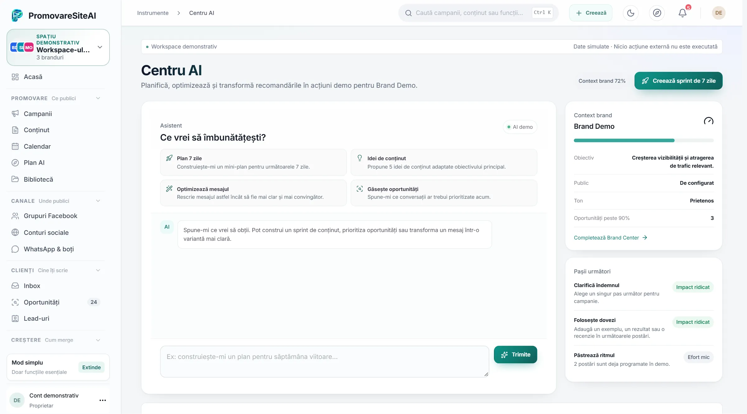 Centrul AI, cu asistentul, patru acțiuni rapide și contextul brandului.
