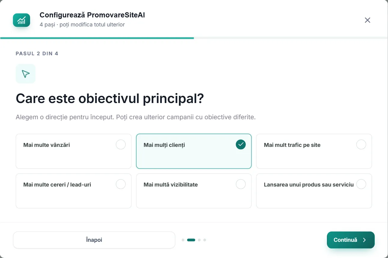 Pasul 2 din configurare: șase obiective, cu „Mai mulți clienți” selectat.