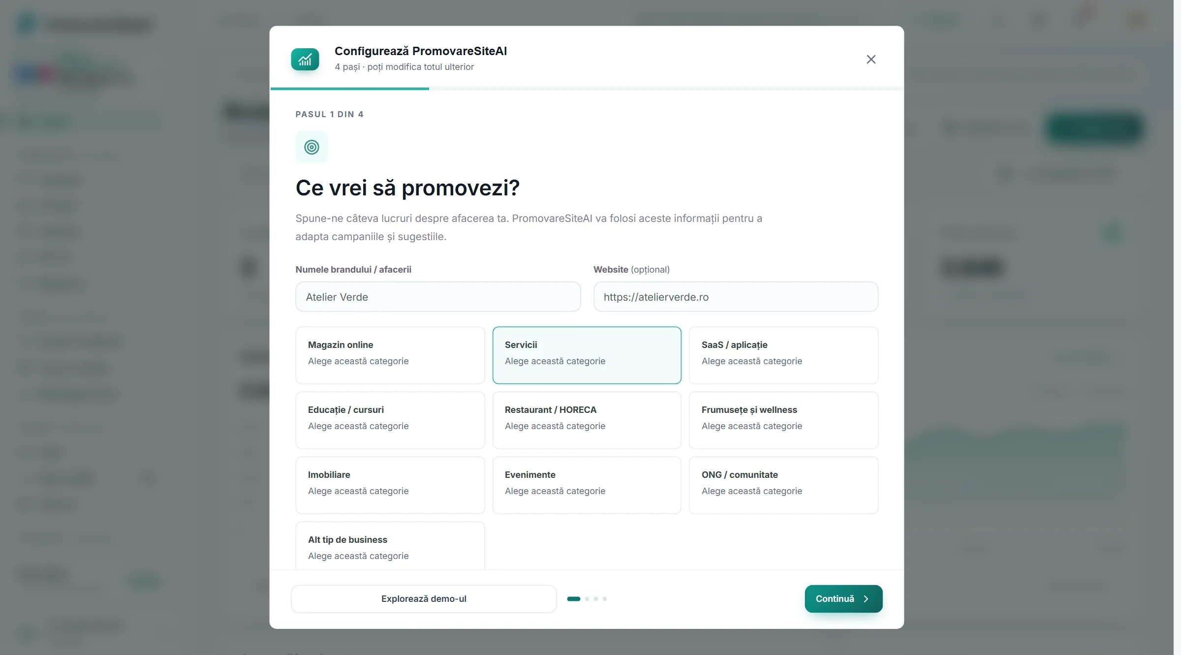 Primul pas al configurării: numele brandului, site-ul opțional și zece categorii de afacere.
