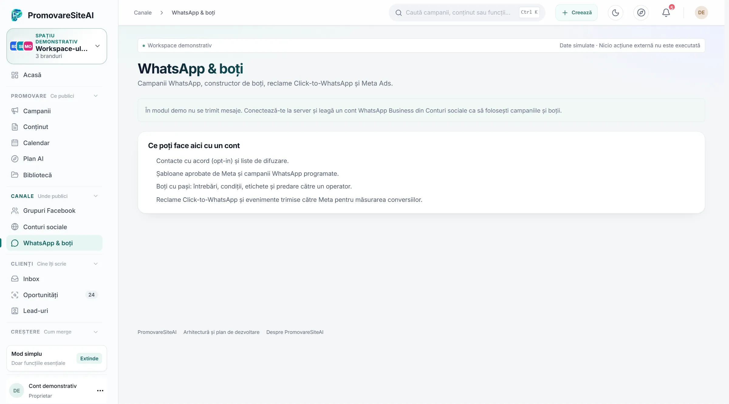 Modulul WhatsApp și boți în demo, cu lista funcțiilor disponibile într-un cont.